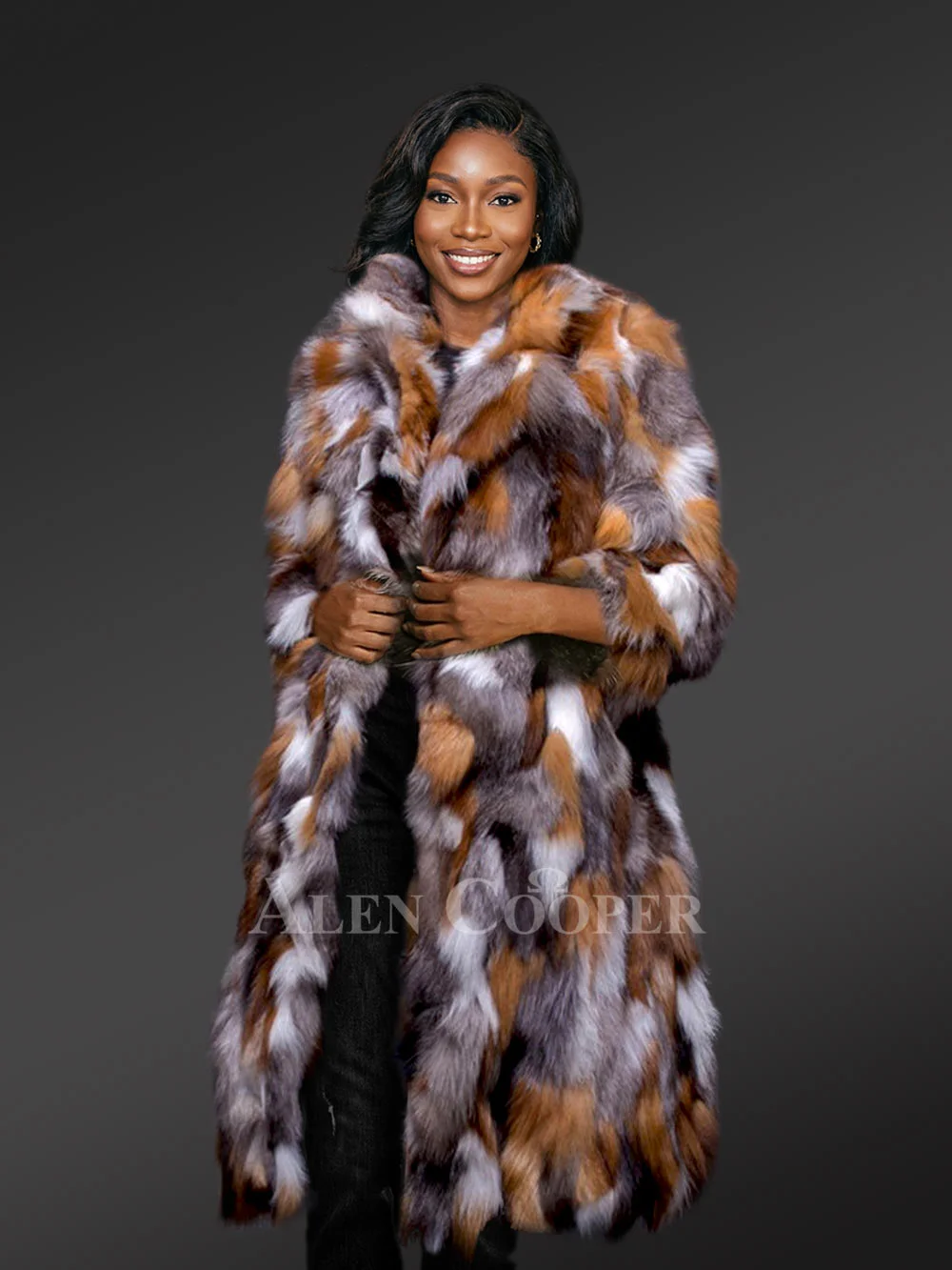 Multicolor Fox Fur Long Coat