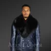 Navy Blue Biker Jacket with Black Fox Fur Collar