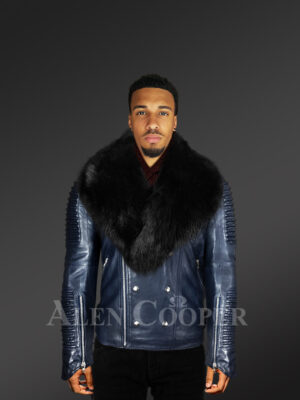 Navy Blue Biker Jacket with Black Fox Fur Collar