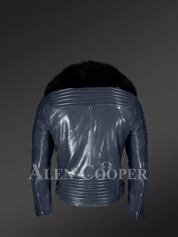 Navy Blue Biker Jacket with Black Fox Fur Collar - Image 4