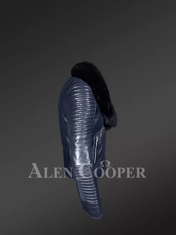 Navy Blue Biker Jacket with Black Fox Fur Collar - Image 3
