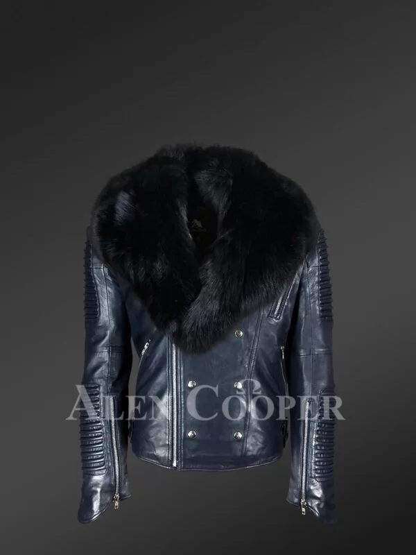 Navy Blue Biker Jacket with Black Fox Fur Collar - Image 2