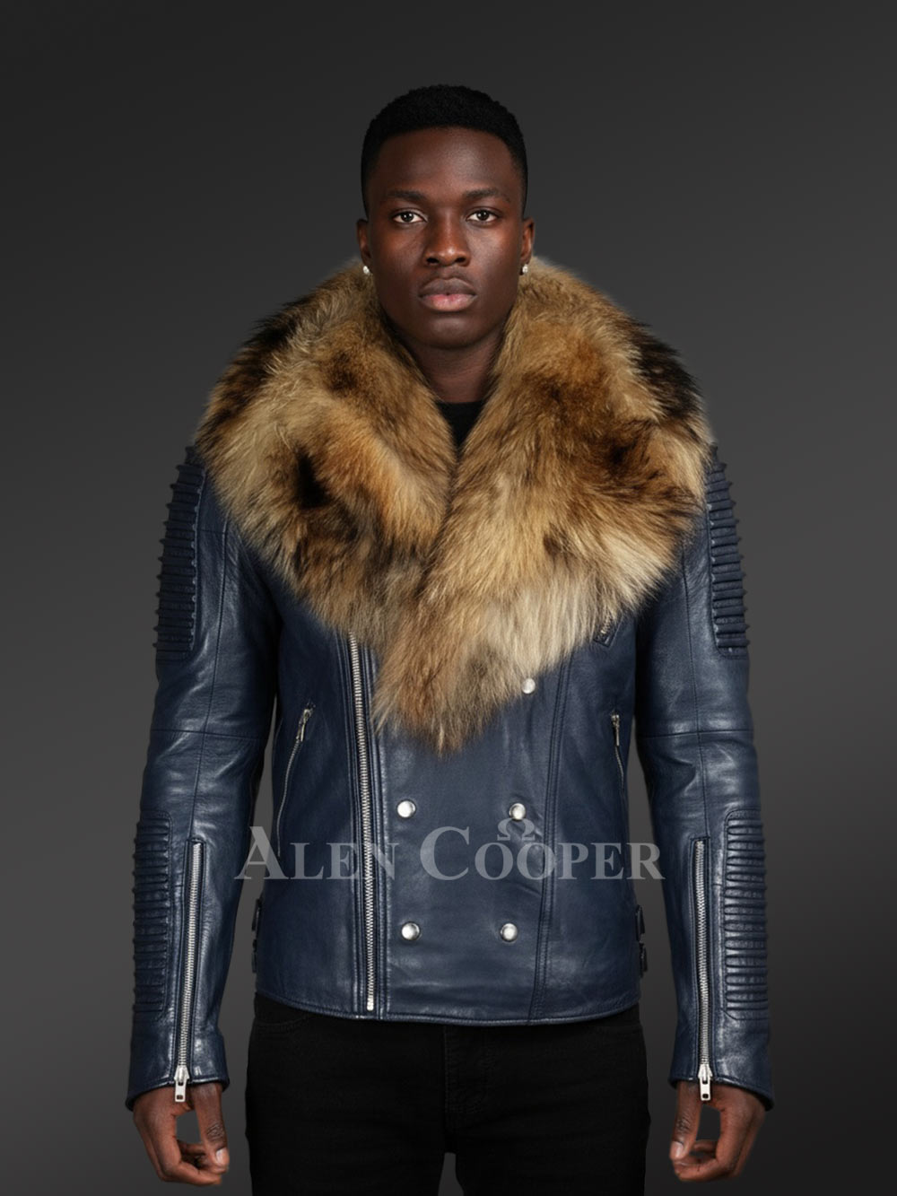 Navy Blue Leather Jacket with Fur Collar for Men