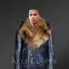 Navy Blue Leather Jacket With Fur Collar For Men