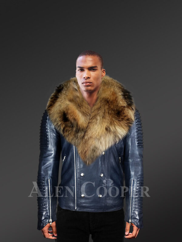 Navy Blue Leather Jacket With Fur Collar For Men