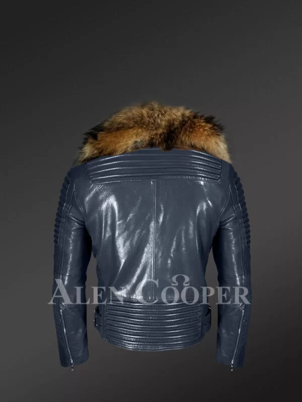 Navy Blue Leather Jacket with Fur Collar for Men - Image 5