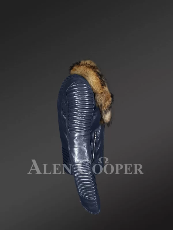 Navy Blue Leather Jacket with Fur Collar for Men - Image 4