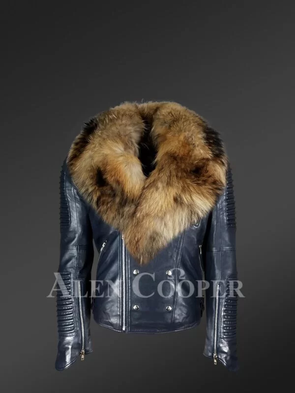 Navy Blue Leather Jacket with Fur Collar for Men - Image 3