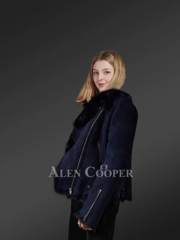Navy Blue Toscana Shearling Jacket for Women - Image 3