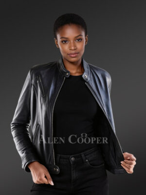 Navy Leather Jacket for Women