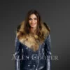 Navy Moto Leather Jackets for Women with Detachable Raccoon Fur Collar