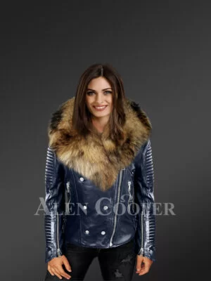 Navy Moto Leather Jackets for Women with Detachable Raccoon Fur Collar