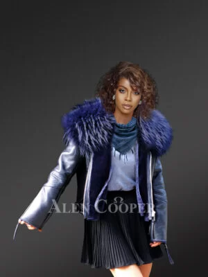 Navy Real leather Jacket with Raccoon fur collar for Women