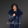 Navy Real leather Jacket with Raccoon fur collar for Womens