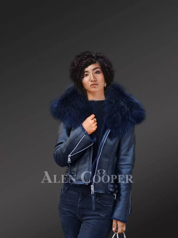 Navy Real leather Jacket with Raccoon fur collar for Womens