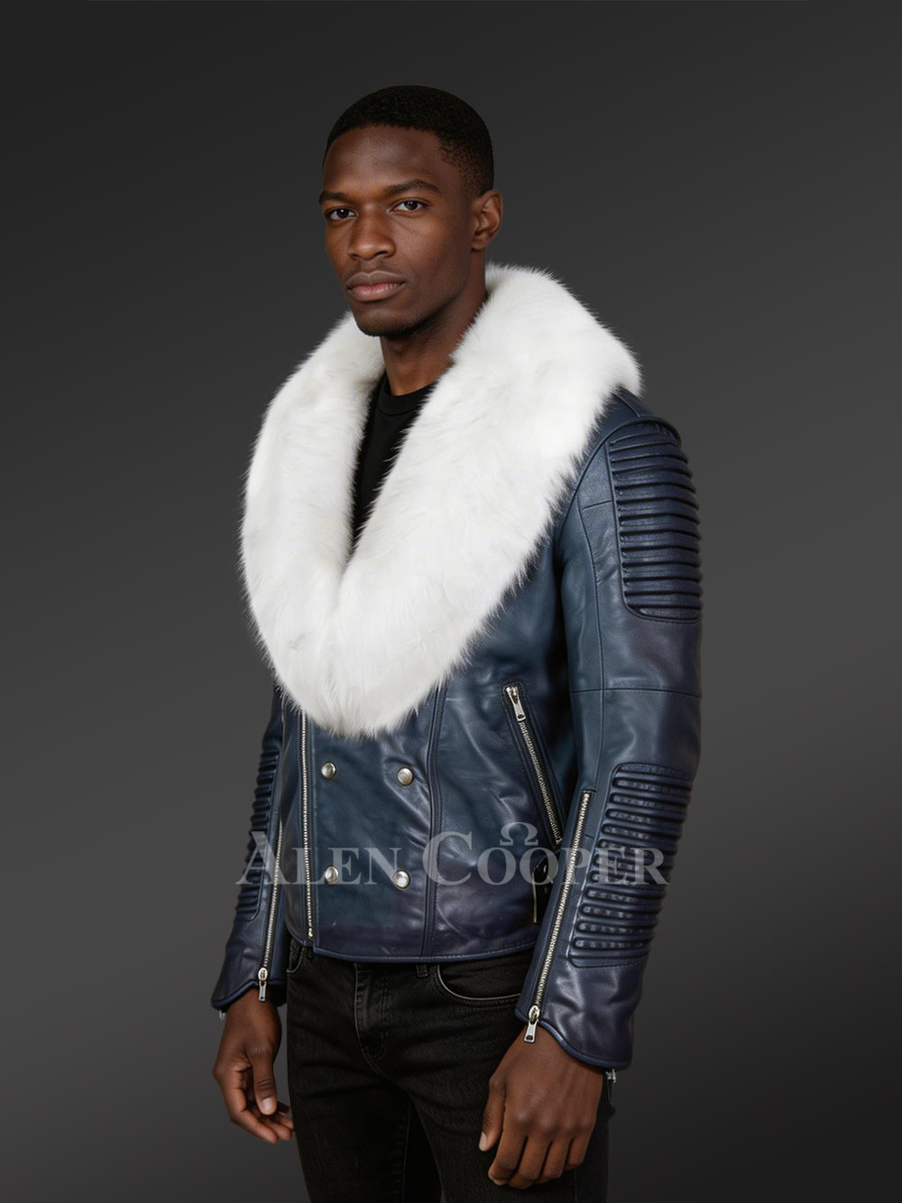 Navy biker jacket with white fox fur collar - Image 2