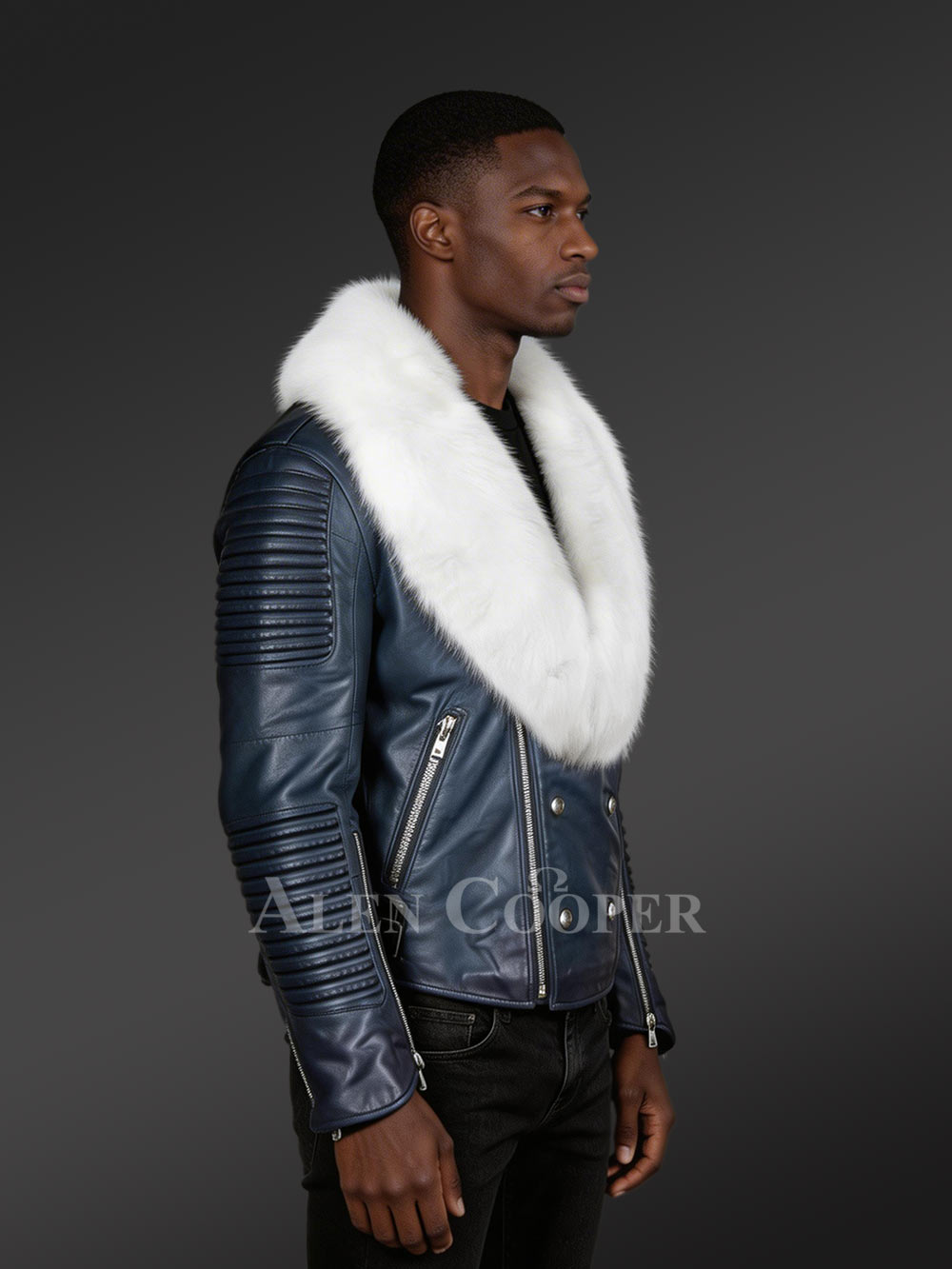 Navy biker jacket with white fox fur collar - Image 3
