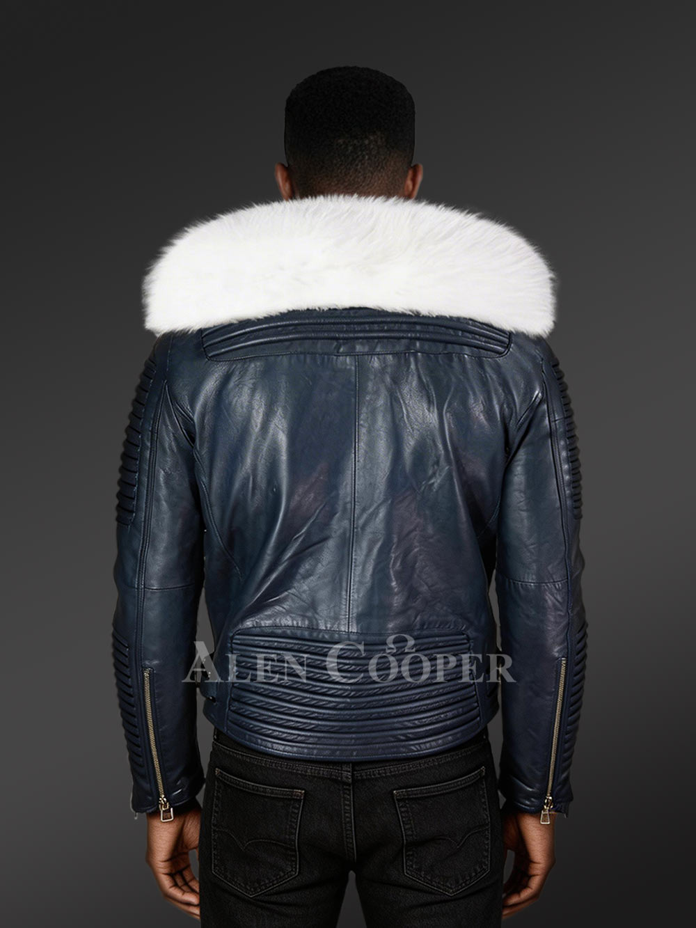 Navy biker jacket with white fox fur collar - Image 4