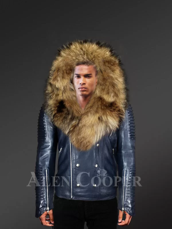 Navy-motorcycle-leather-jacket-with-detachable-raccoon-fur-collar-zip-out-fur-hood-for-stylish-Men-With-Model