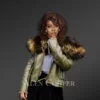 Olive Real leather Jacket with Raccoon fur collar for Women