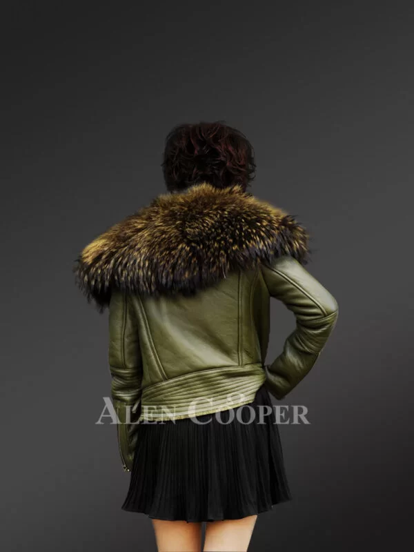 Womens Leather Jacket with Raccoon Fur Collar Looks Ravishing in Olive Green - Image 2