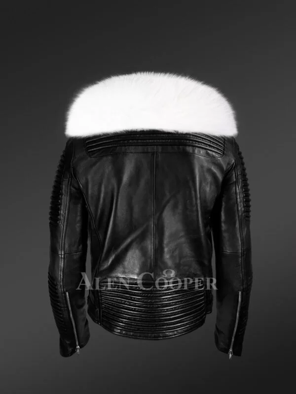 Men’s Coal Black Real Leather Winter Biker Jacket with Snow White Fox Fur Collar - Image 4