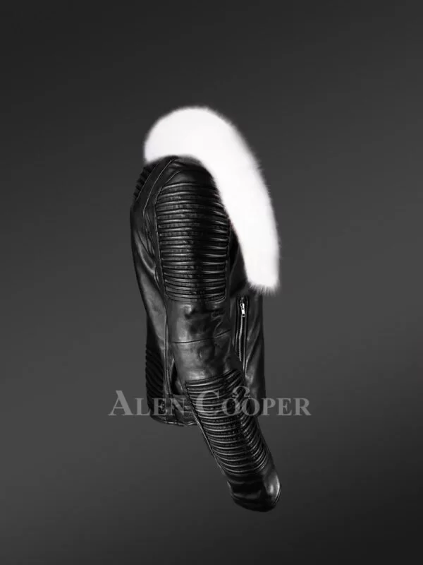 Men’s Coal Black Real Leather Winter Biker Jacket with Snow White Fox Fur Collar - Image 3