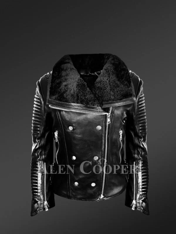 Women's Shearling Leather Jacket in black made Real Lambskin Leathers and Sheepskin
