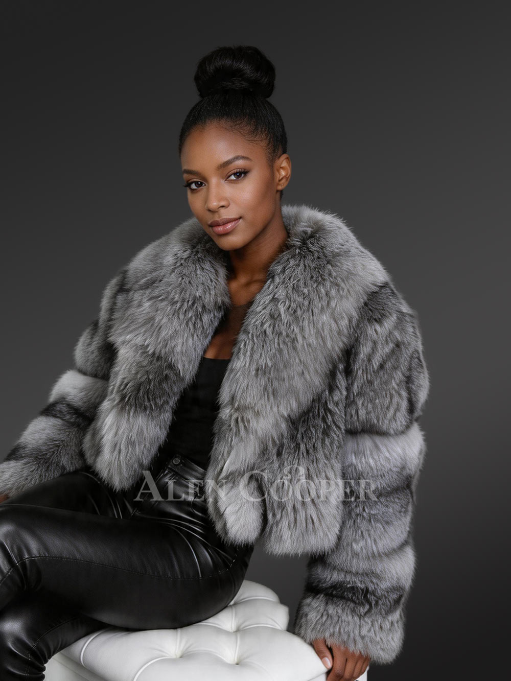 Fox Fur Crop Coat for Women in Silver Fox Fox Fur Crop Coat for Women in Silver Fox