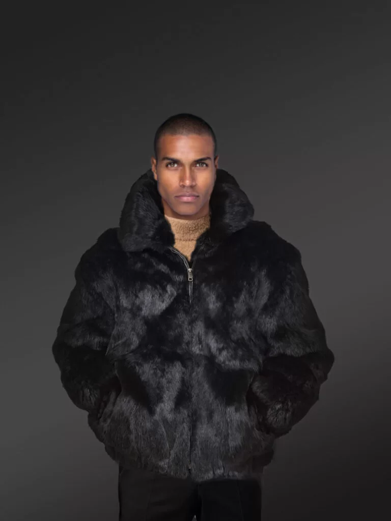 Rabbit Fur Bomber for Men with hood