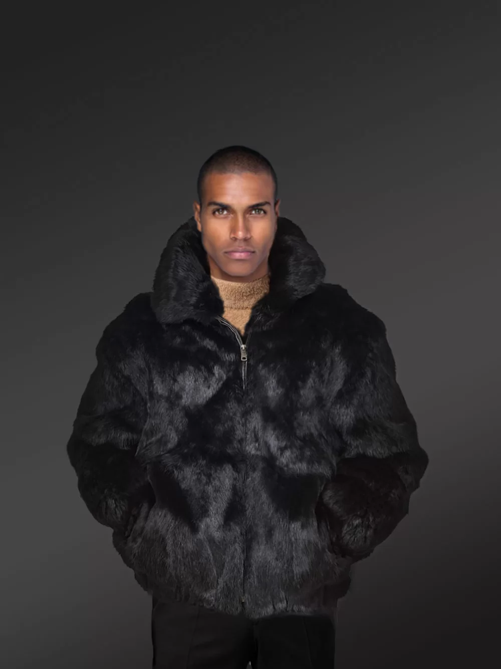 Baggy Rabbit Fur Coat with Detachable Hood in Black