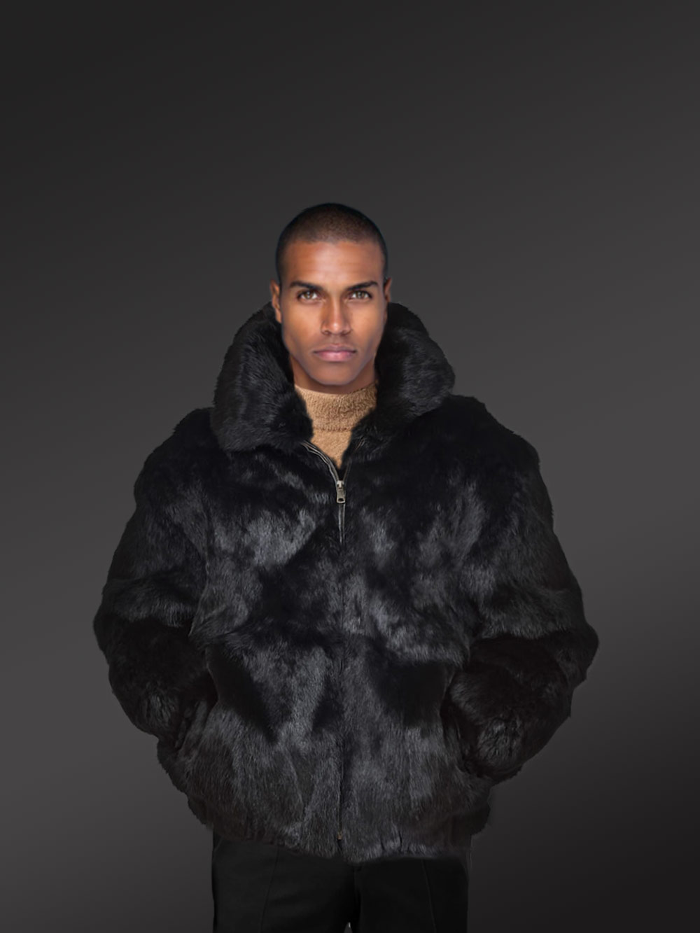 Alen Cooper Rabbit Fur Bomber for Men with Hood