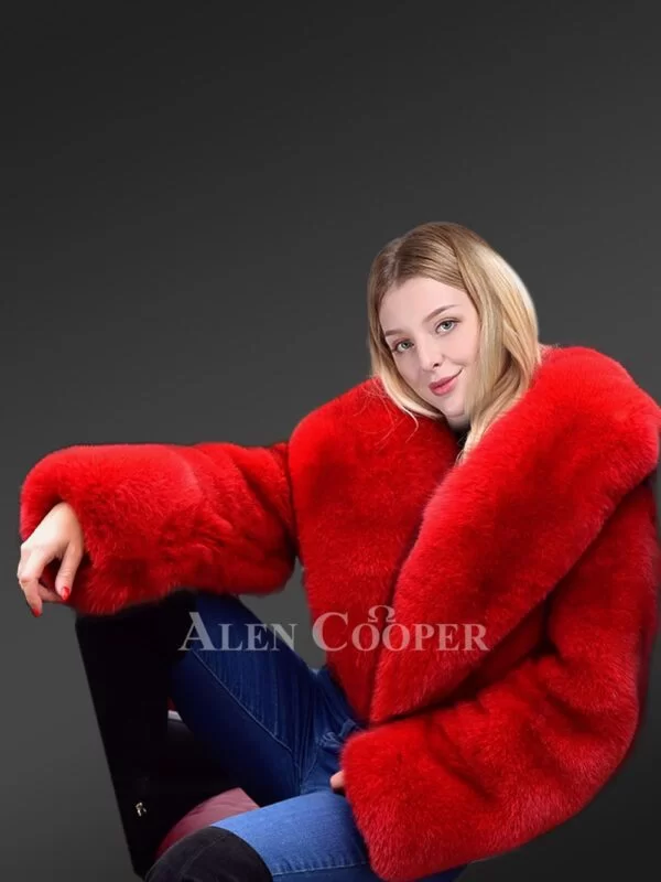 Crop fox fur coat women in a Vibrant Red - Image 2