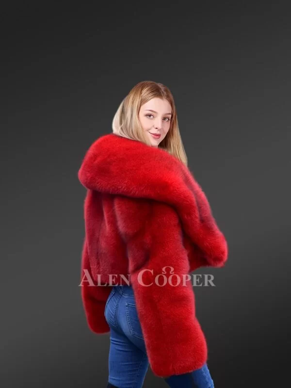 Crop fox fur coat women in a Vibrant Red - Image 6
