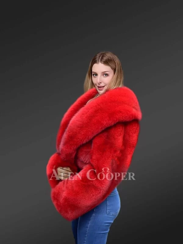 Crop fox fur coat women in a Vibrant Red - Image 3
