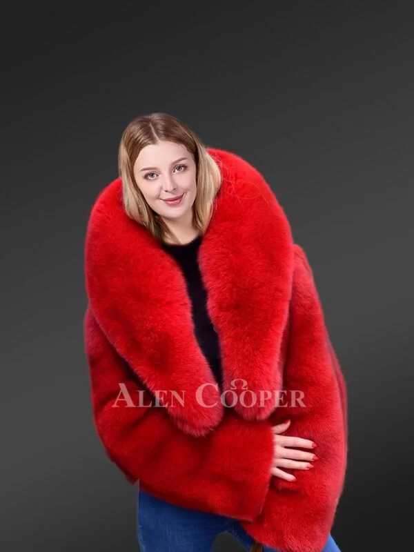 Crop fox fur coat women in a Vibrant Red - Image 4