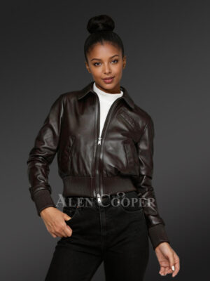 Real Leather Jacket in dark brown for Women in trendy style