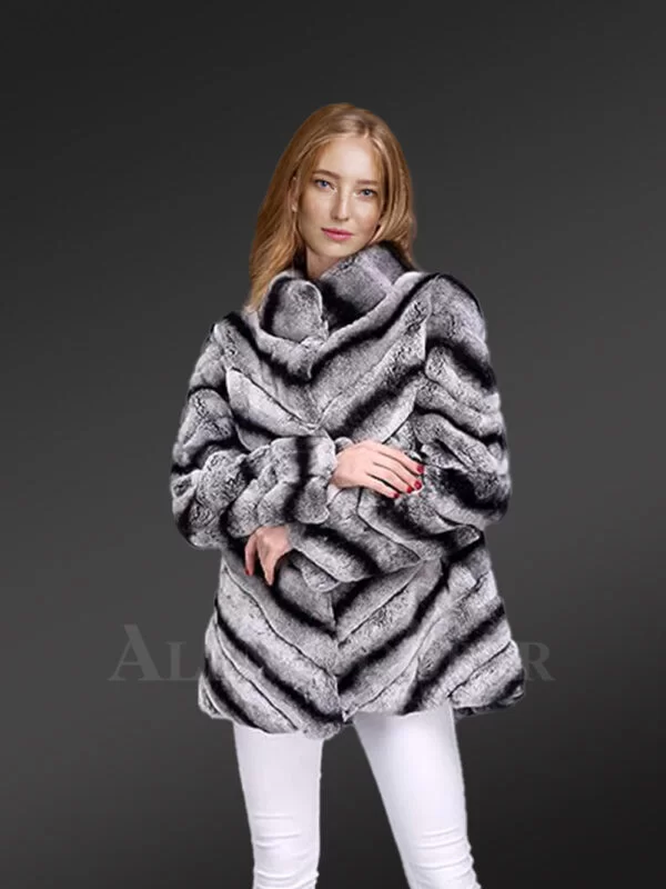 Womens Rabbit Fur High-Neck Coat Looks Chic in Dual Color Chevron Pattern - Image 9