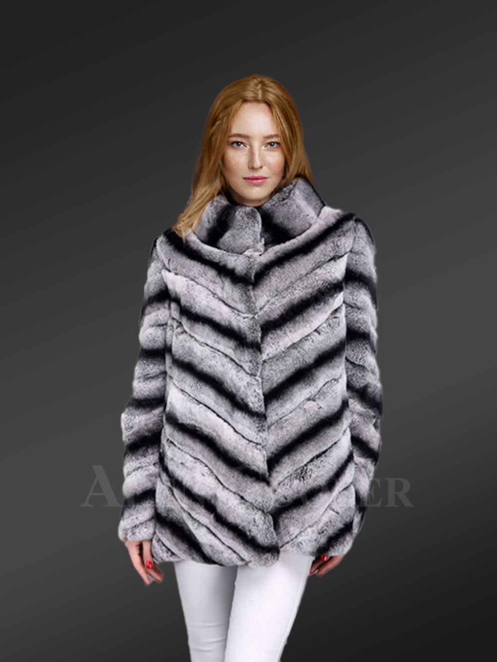 Womens Rabbit Fur High-Neck Coat Looks Chic in Dual Color Chevron Pattern - Image 7