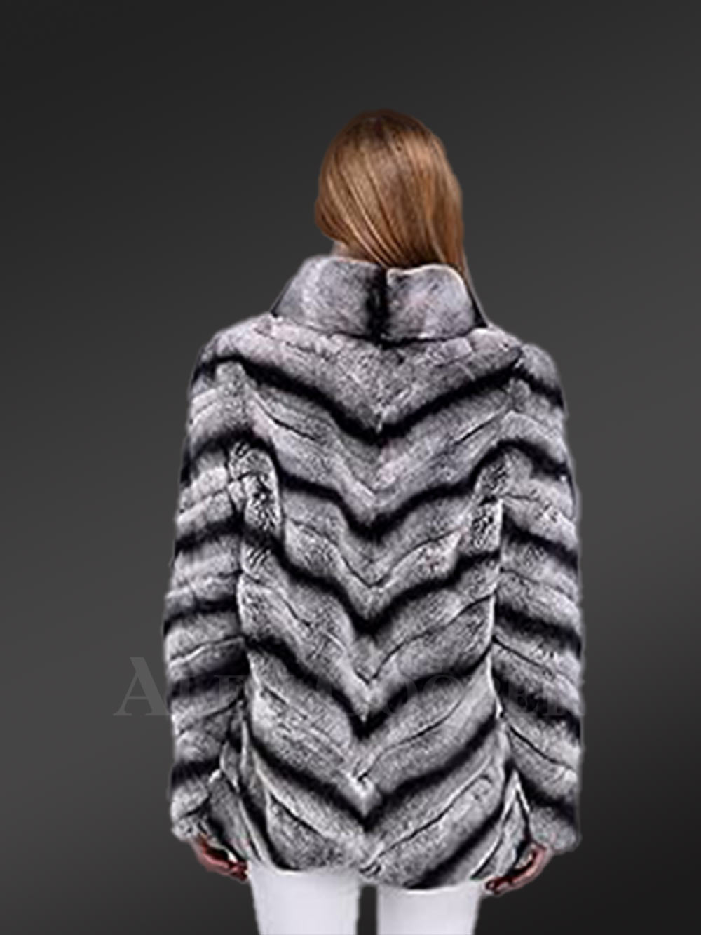 Womens Rabbit Fur High-Neck Coat Looks Chic in Dual Color Chevron Pattern - Image 10