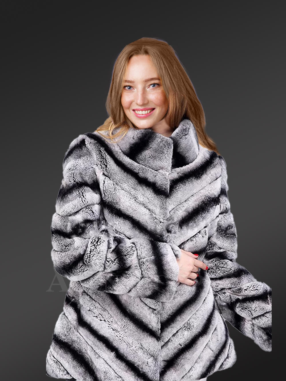 Womens Rabbit Fur High-Neck Coat Looks Chic in Dual Color Chevron Pattern - Image 5