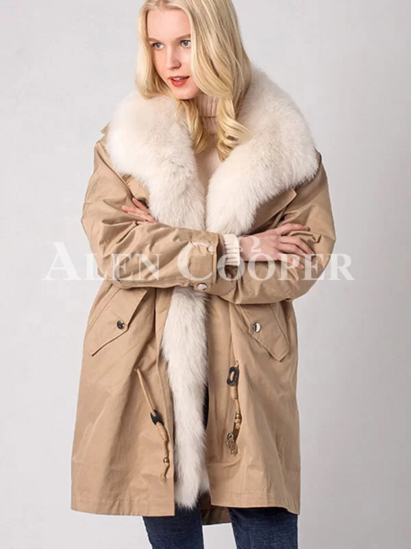 Real Raccoon Fur Collar Mid-Length Warm Winter Parka in Coffee