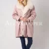 Real Raccoon Fur Collar Mid-Length Warm Winter Parka in Pink