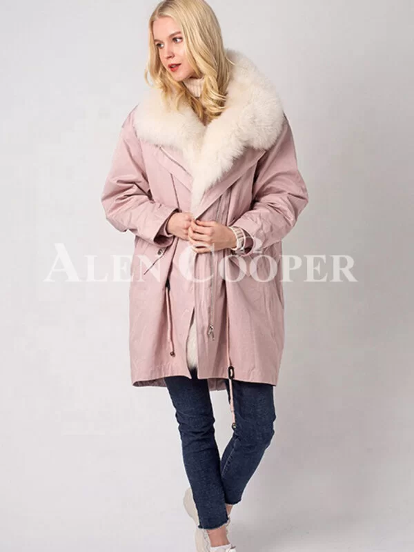 Real Raccoon Fur Collar Mid-Length Warm Winter Parka in Pink