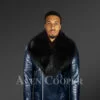 Real leather navy winter biker jacket with black fox fur collar