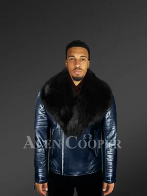 Real leather navy winter biker jacket with black fox fur collar