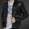 Real leather winter jacket with traditional snap pockets for mens in black
