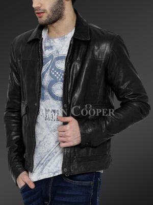 Real leather winter jacket with traditional snap pockets for mens in black