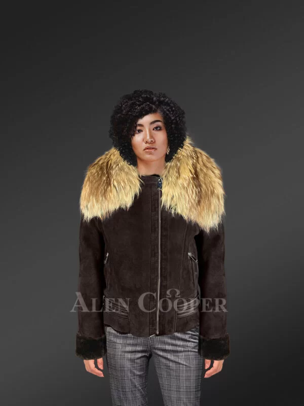 Real shearling jacket with stylish raccoon fur collar