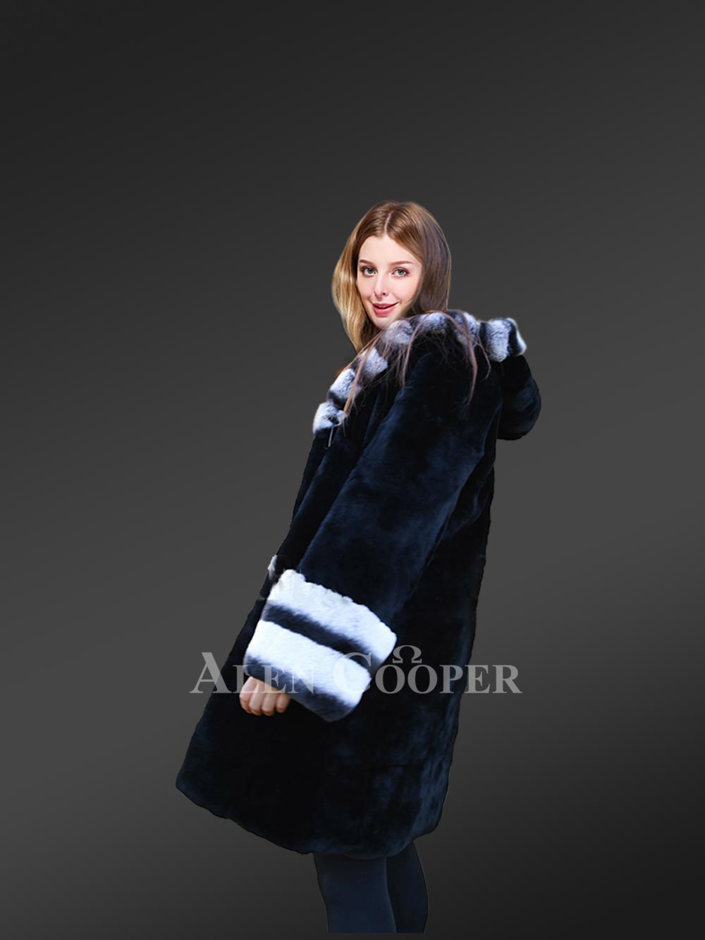 Womens Rex Rabbit Fur Coat with Hood - Image 6